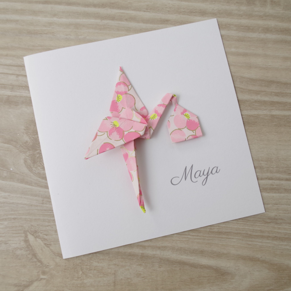 Faire part naissance chic pour fille cigogne en origami 