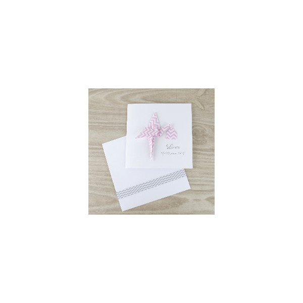 faire part de naissance original fait main cigogne en origami rose gris
