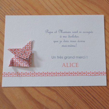 Carte de remerciement naissance - baptême renard orange en origami fait-main