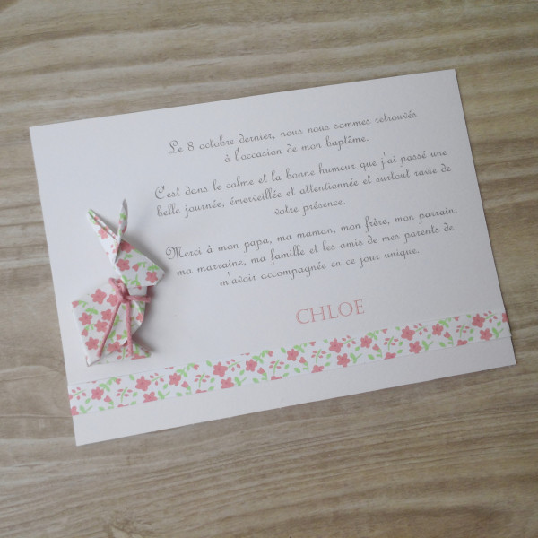 Carte de remerciement naissance - baptême lapin rose liberty en origami fait-main produit artisanal