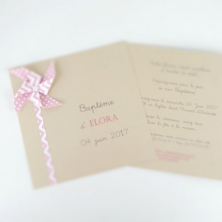 Faire part moulin à vent pour fille- kraft - rose pastel / fait-main