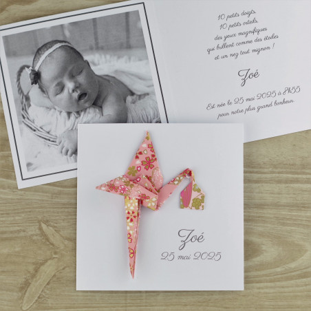 faire part naissance luxueux  cigogne rose papier japonais haut gamme