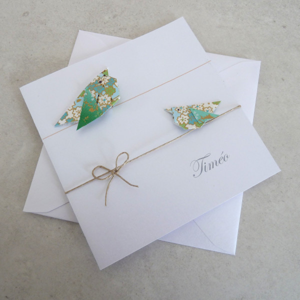 Faire part  oiseaux en origami vert, bleu en papier japonais haut de gamme
