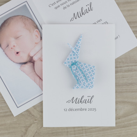faire part de naissance baptême lapin pour garcon bleu ciel fait main
