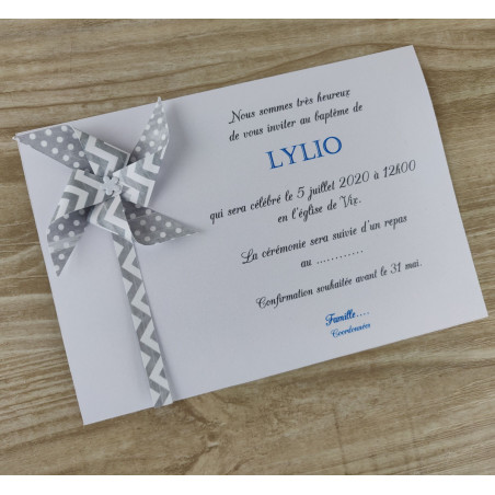 faire part baptême moulin à vent gris garçon