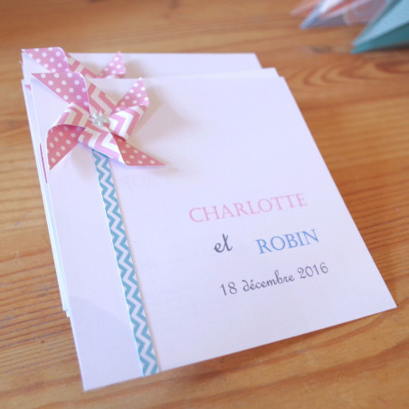 Faire part moulin à vent rose/bleu carré