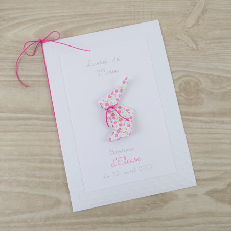 Couverture livret de messe lapin liberty pour baptême fille