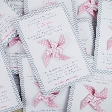 Faire part moulin a vent en - rose gris