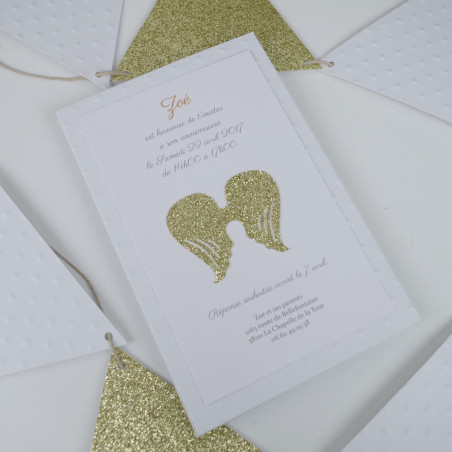 faire part de baptême fait main fille garçon ailes ange paillettes  gold