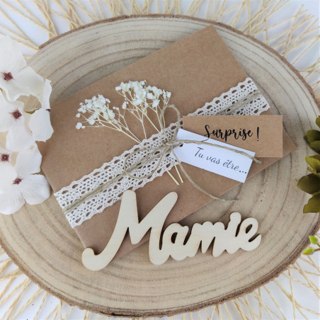 Annonce grossesse magnet en bois + enveloppes fleurs séchées Mamie, papy, tata, tonton,