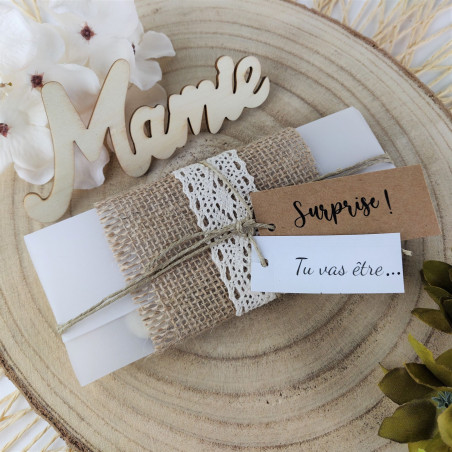 Annonce grossesse magnet en bois + enveloppes jute dentelle Mamie, papy, tata, tonton,