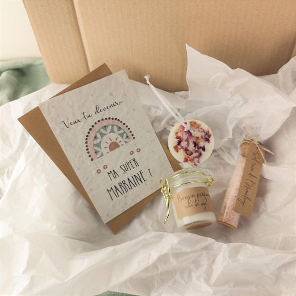 Coffret cadeau ma témoin, box témoin femme, carte à planter, bougie,  fondant, sel rose de l'himalaya
