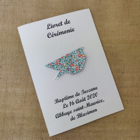 Couverture Livret de messe baptême oiseau liberty vert fille
