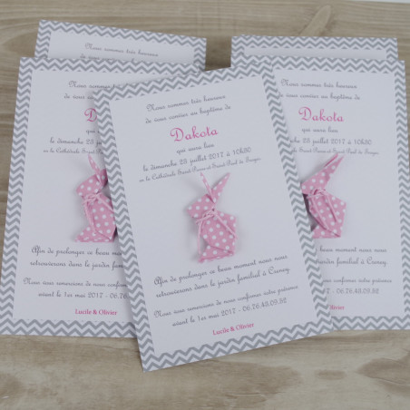 faire part baptême fait main original pour fille lapin rose artisanal