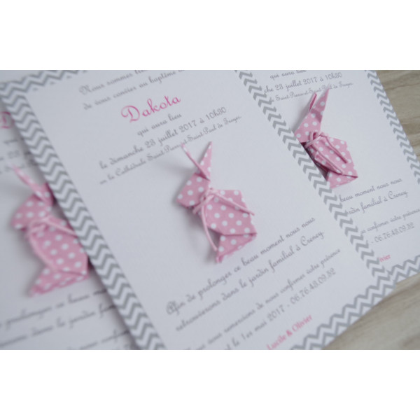 faire part baptême fait main original pour fille lapin rose artisanal