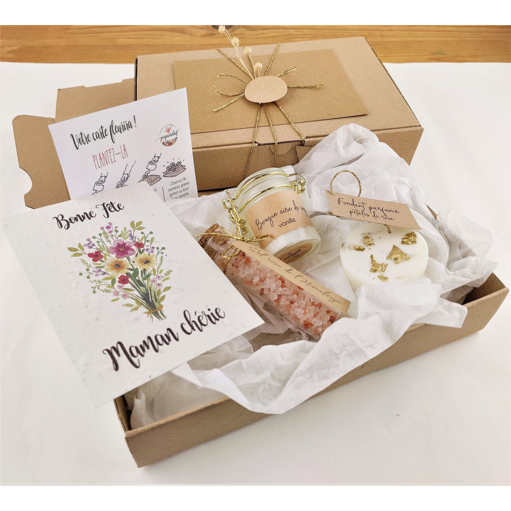 Box coffret cadeau fête des mères cadeau pour maman carte à planter, bougie,  fondant, sel rose de l'Himalaya, cadeau client