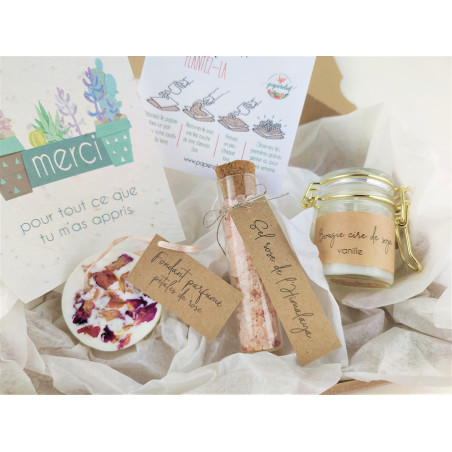 Box coffret cadeau artisanal maîtresse nounou atsem carte à planter, bougie,  fondant, sel rose de l'Himalaya, cadeau client