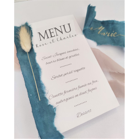 menu mariage bleu canard en papier népalais artisanal fait main