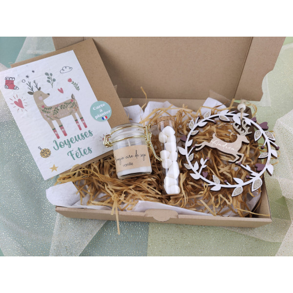 Box coffret cadeau Noël personnalisé, gourmand, carte planter, bougie, chamallow, déco sapin