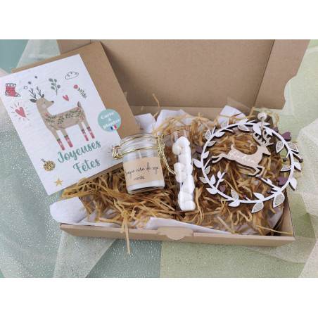 Box coffret cadeau Noël personnalisé, gourmand, carte planter, bougie, chamallow, déco sapin