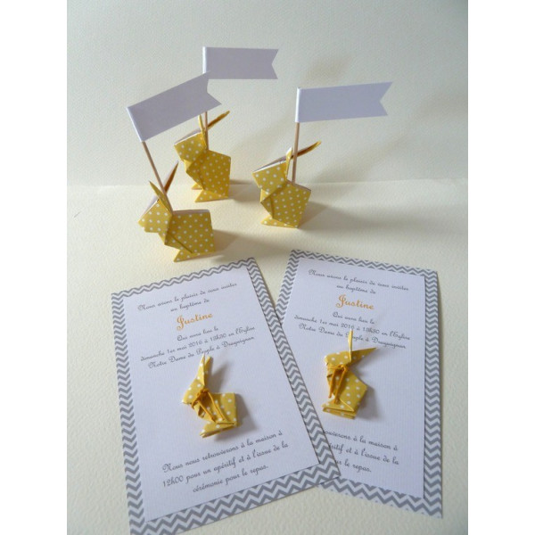 faire part de baptême lapin jaune fait main artisanal