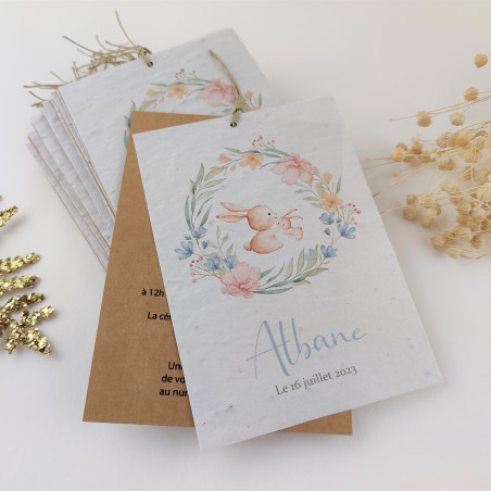 Faire part Naissance ou baptême à Planter lapin  fille avec photo artisanal paques