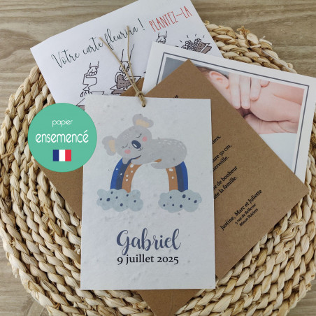 Faire part ensemencé Naissance ou baptême à Planter koala fait main