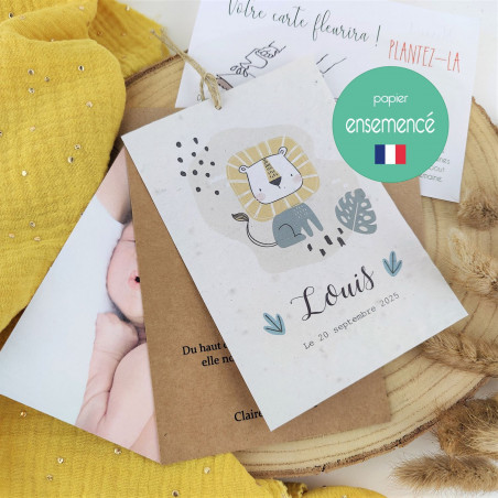 Faire part Naissance ou baptême à Planter lion savane artisanal