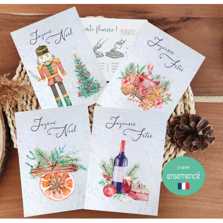 Cartes à planter, Joyeux Noël, carte de voeux entreprise papier ensemencé CASSENOISETTE VIN CHAUD