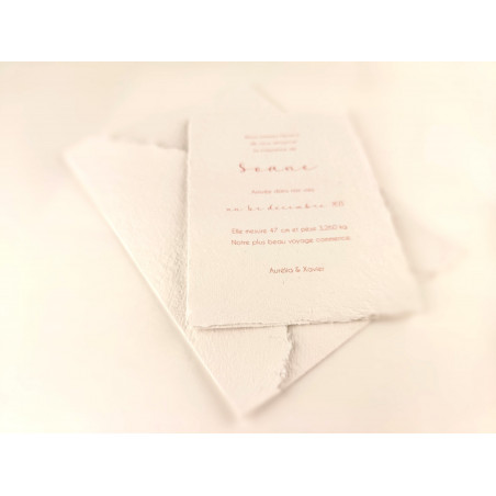 Faire part Naissance ou baptême en papier fait main coton bords déchirés artisanal fille ou garçon