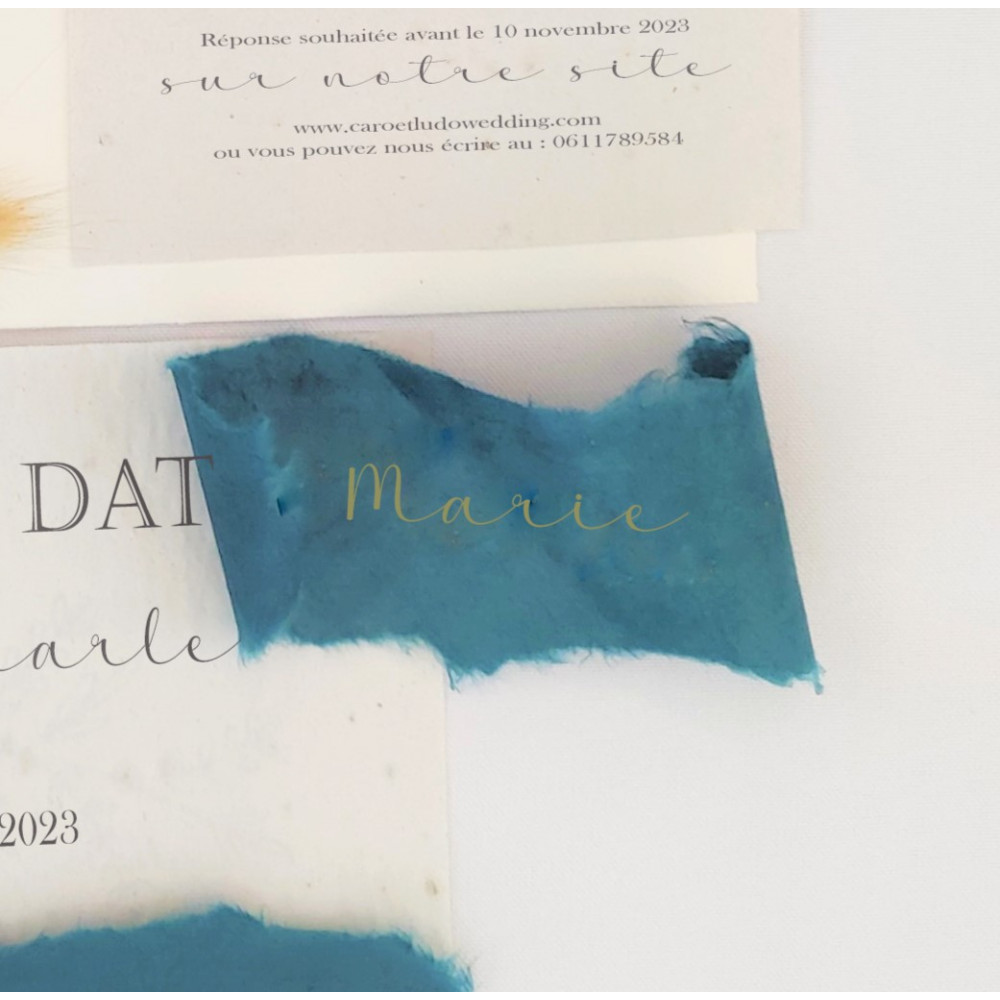 marque place bleu canard mariage papier fait main artisanal élégant bord déchirés dorure