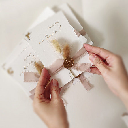 carte demande témoin ou marraine artisanale fait main poétique bords déchirés dorure personnalisée