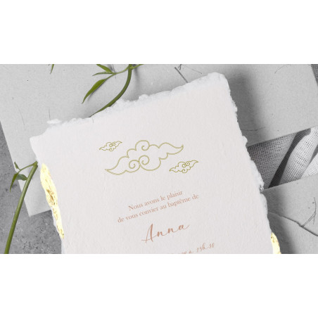 Faire part Naissance ou baptême dorure vagues japonaises papier fait main coton bords déchirés artisanal fille ou garçon