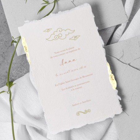 Faire part Naissance ou baptême dorure vagues japonaises papier fait main coton bords déchirés artisanal fille ou garçon