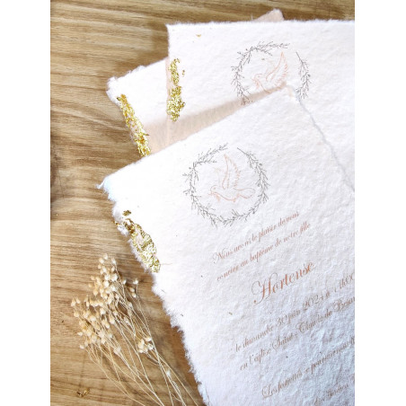 Faire part Naissance ou baptême dorure papier fait main coton bords déchirés artisanal fille ou garçon colombe