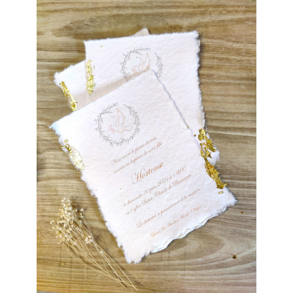 Faire part Naissance ou baptême dorure papier fait main coton bords déchirés artisanal fille ou garçon colombe