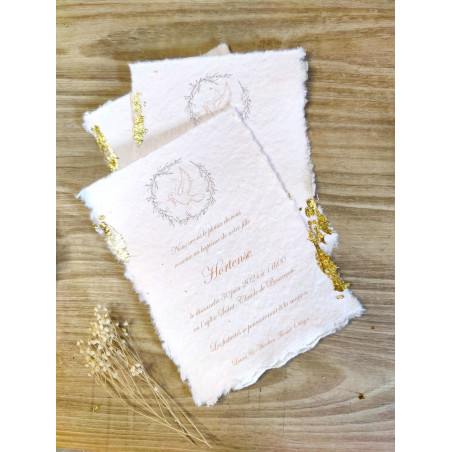 Faire part Naissance ou baptême dorure papier fait main coton bords déchirés artisanal fille ou garçon colombe