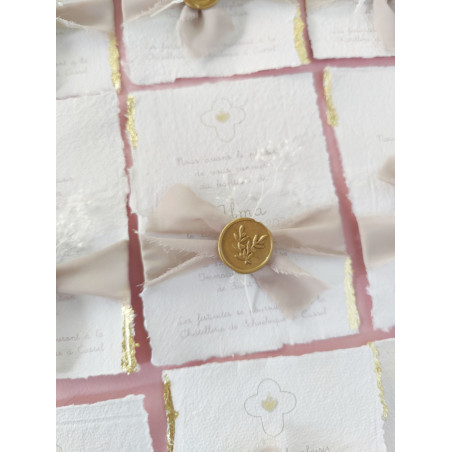 Faire part Naissance ou baptême dorure papier fait main coton bords déchirés artisanal fille ou garçon croix sacre coeur