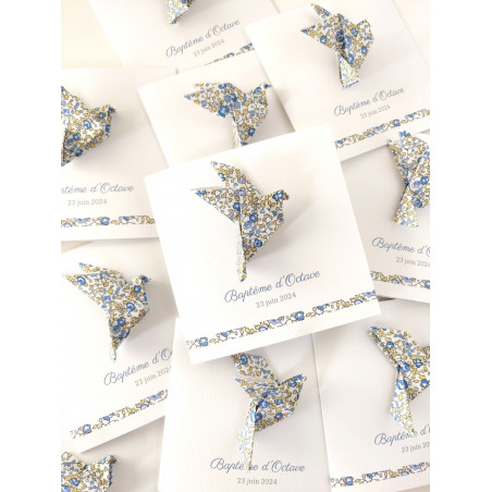 faire part de naissance ou baptême fait main colombe bleu liberty eloise fille ou garçon