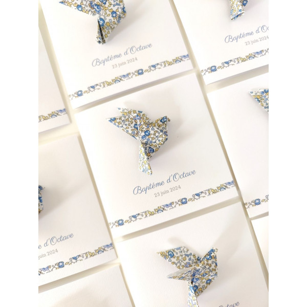 faire part de naissance ou baptême fait main colombe bleu liberty eloise fille ou garçon