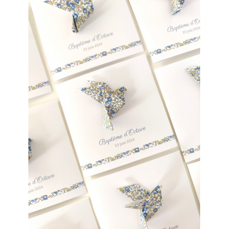 faire part de naissance ou baptême fait main colombe bleu liberty eloise fille ou garçon