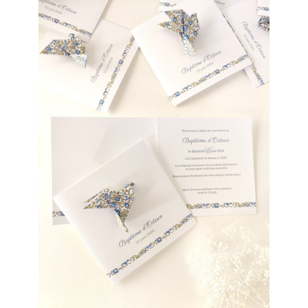 Faire part colombe origami liberty Eloise bleu