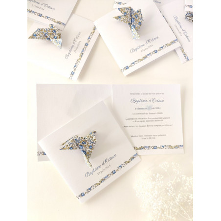 Faire part colombe origami liberty Eloise bleu