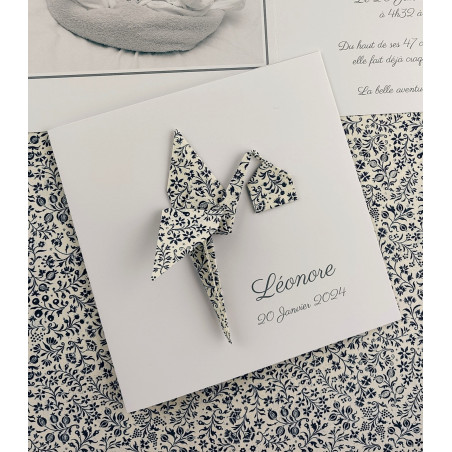 faire part de naissance fait main cigogne bleu liberty mixte papier artisanal japonais