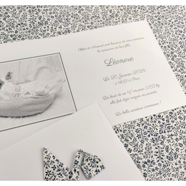 faire part de naissance fait main cigogne bleu liberty mixte asiatique papier artisanal