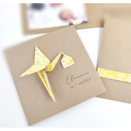 faire part naissance artisanal cigogne originale et raffinée papier japonais fleuri
