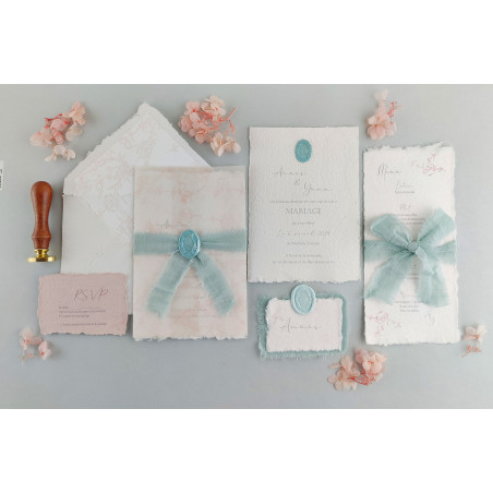 Menu mariage élégant et doux en papier chiffon coton bord déchirés bridgerton