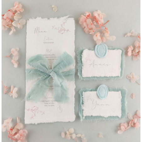 Menu mariage élégant et doux en papier chiffon coton bord déchirés pastel