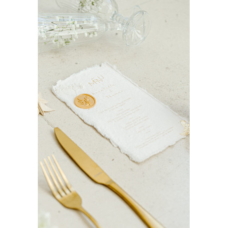 menu mariage doré fleur séchées  artisanal bord déchirés élégant cachet de cire gypsophile