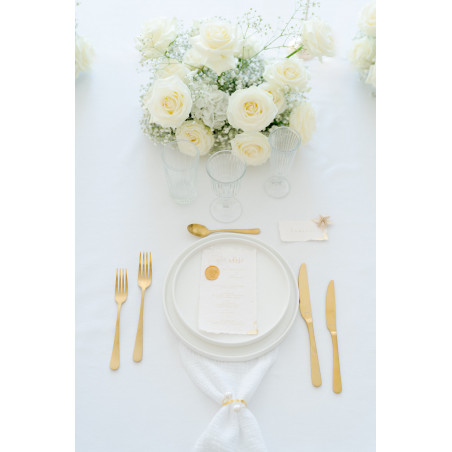 menu table de mariage classique doré fleur séchées  artisanal bord déchirés élégant cachet de cire gypsophile